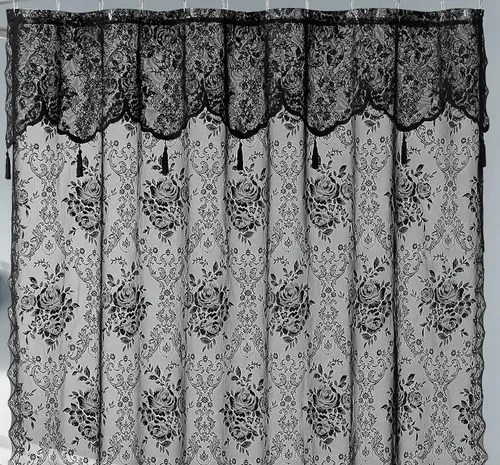 Miniatura 5 de Warm Home Designs Cortina de Ducha para Cabina Negra de 36 x 72 Pulgadas con Cenefa Adjunta y 4 Borlas. Cortina de Ducha Pequeña de Encaje de Lujo
