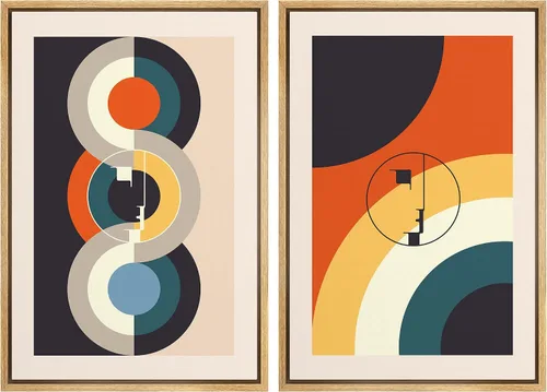 Miniatura 70 de IDEA4WALL Lienzo enmarcado para pared, juego de arte Bauhaus dorado de mediados de siglo, patrón de cuadrícula moderna, ilustraciones con formas