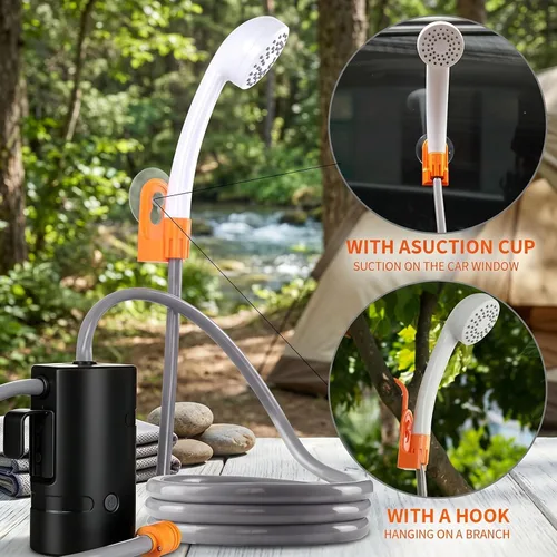 Miniatura 9 de Ducha portátil para campamento, 4400 mAh, recargable por USB, IPX7, impermeable, bomba de ducha con batería + cubo plegable para campamento Negro