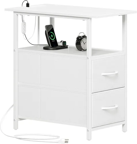 Miniatura 8 de Somdot - Mesa auxiliar con estación de carga; mesa auxiliar estrecha con 2 cajones de tela, mesita de noche delgada con almacenamiento; pequeña mesa