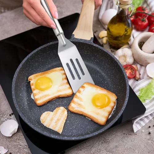 Miniatura 6 de Ramede 12 espátulas pequeñas de metal de acero inoxidable ranuradas fritas de 9.84 pulgadas, utensilio de cocina antiadherente flexible para cocina