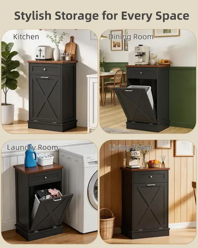 Miniatura 6 de Betterhood - Gabinete de basura basculante de 10 galones, de madera, independiente, clasificador de ropa, con cajón oculto, gabinete de basura Negro