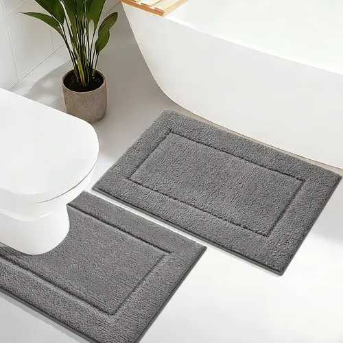 Miniatura 10 de Juego de alfombras de baño de 3 piezas de color blanco hueso, ultra suave, gruesa, esponjosa, microfibra absorbente, parte trasera antideslizante