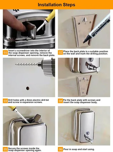 Miniatura 7 de Dispensador de jabón montado en la pared para baño, dispensador de líquido comercial de pared de acero inoxidable dispensador de desinfectante