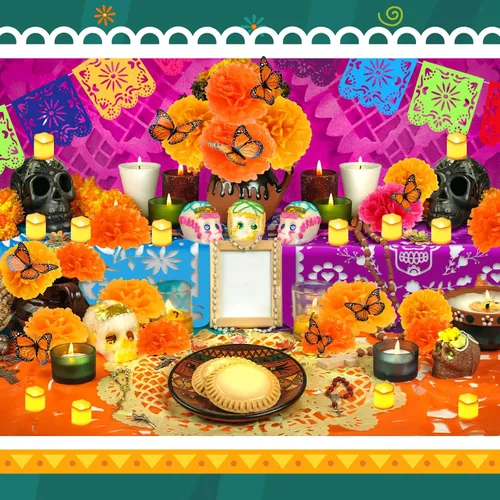 Miniatura 4 de Newwiee Juego de 82 velas LED de papel sin llama, abanico de flores de caléndula, diseño de mariposa monarca, papel picado, mantel desechable