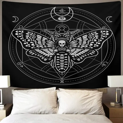 Miniatura 2 de SPXUBZ Tapiz de pared de Halloween, polilla, cabeza muerta, círculo místico, símbolo esotérico, geometría sagrada, signo de la luna, decoración