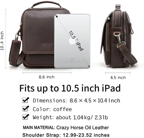 Miniatura 3 de CONTACTS Bolso de mensajero de cuero de grano completo para hombre, bolso de hombro cruzado, bolso de viaje para iPad de 10.5 pulgadas (marrón)