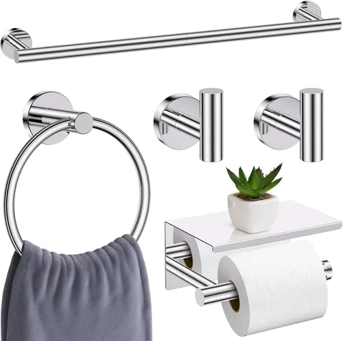 Miniatura 16 de Juego de 5 accesorios de baño negro mate, juego de toallero de 23.6 pulgadas, soporte de papel higiénico de acero inoxidable, toalleros redondos