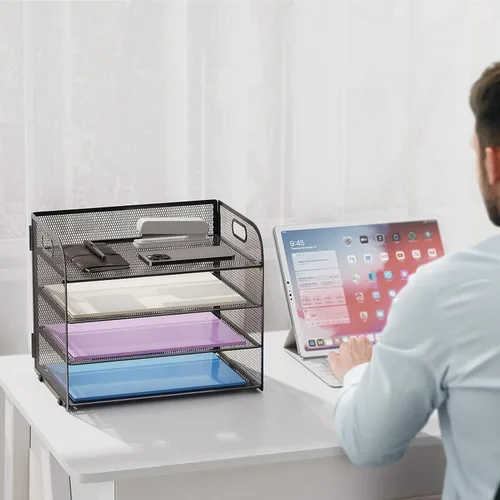 Miniatura 6 de Marbrasse Organizador de Papel de 4 Niveles Bandeja para Cartas - Organizador de Archivos de Escritorio de Malla con Asa, Organizador Clasificador