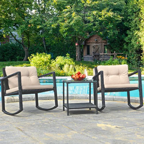 Miniatura 4 de HAPPYGRILL Juego de 3 sillas mecedoras para patio al aire libre con mesa auxiliar, muebles de mimbre de ratán, juego de conversación para jardín