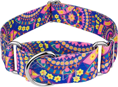 Country Brook Petz - Collar para perro Martingala con mandala bohemio azul, colección Groovy con 12 diseños lejanos (1 1/2 pulgadas, mediano)