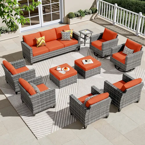 Miniatura 27 de ovios Juego de muebles de patio de 8 piezas, sofá de mimbre para exteriores con sillas giratorias, mecedora con cojines cómodos, juego de Beige