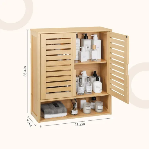 Miniatura 2 de Armario de almacenamiento de bambú montado en la pared con puerta, organizador de pared de baño con estantes, gabinete de almacenamiento colgante