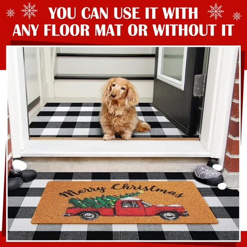 Miniatura 4 de Geelin 2 Tapetes de Puerta de Navidad, Felpudo Delantero Navideño a Cuadros Buffalo Blanco y Negro, Alfombra Decorativa de Árbol de Navidad