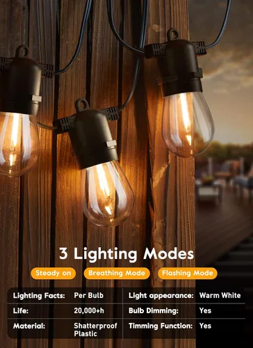 Miniatura 4 de Minetom Tira de luces solares de 34 pies para exteriores con control remoto, luces de patio con 10 bombillas LED inastillables y ganchos, enchufe