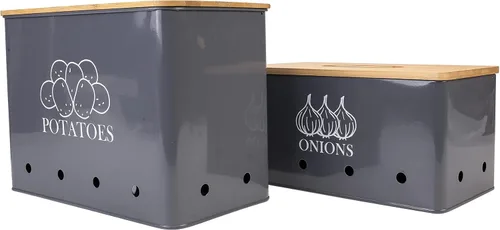 Miniatura 7 de Juego de 2 contenedores de almacenamiento de papas y cebollas, almacenamiento de verduras de metal ventilado con tapas de madera, recipientes