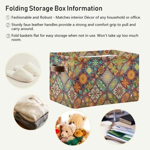 Miniatura 5 de Cesta de almacenamiento con diseño étnico bohemio y floral de mandala grande, caja de almacenamiento plegable para juguetes, organizador de ropa