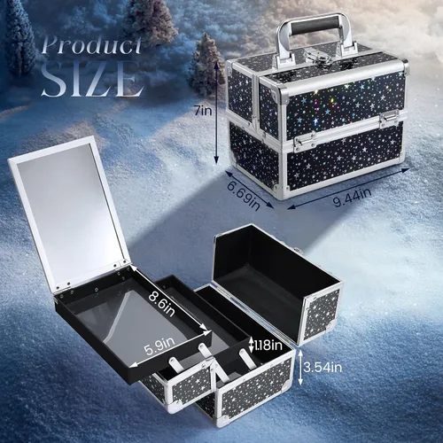Miniatura 7 de Joligrace Maletín de Maquillaje Portátil Caja de Cosméticos 2 Bandejas con Espejo con Cerradura para Maquillaje Técnico de Uñas y Esteticistas