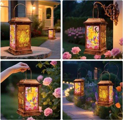Miniatura 7 de Faroles Solares de Colibrí para Colgar al Aire Libre, Luces Solares de Metal y Vidrio para Decoración de Jardín, Regalos para Mujeres, Mamá