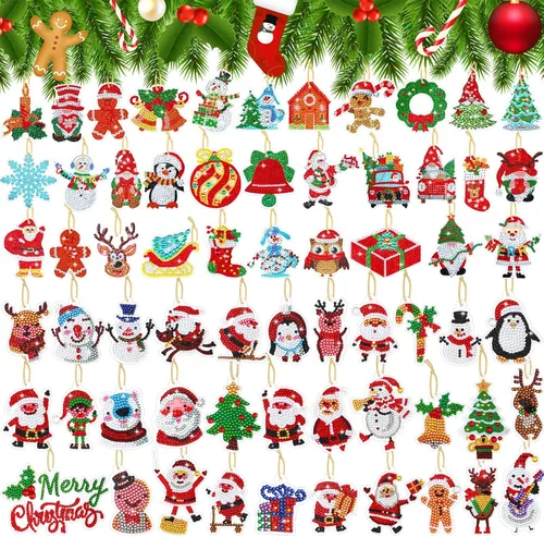 Hungdao Kits de Adornos de Arte de Diamante de Navidad de 64 Piezas, Kits de Arte de Diamante de Navidad para Adultos, Papá Noel, Muñeco de Nieve,