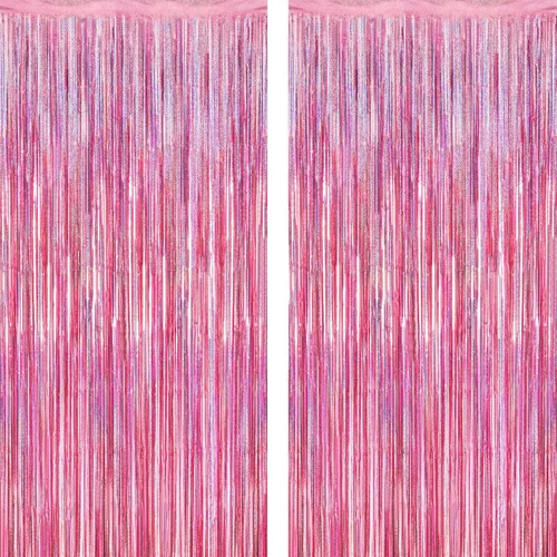 Paquete de 2 fondos rosa brillante, 3.28 × 7.05 pies, cortinas de flecos láser metálicas, ideales como decoración de cumpleaños, fondo para fotos y
