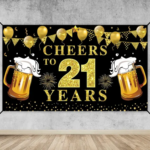 Decoración de pancarta de feliz cumpleaños número 21, suministros de fiesta de telón de fondo de texto en negro y dorado con texto en inglés "Cheers