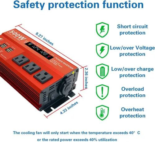 Miniatura 3 de Inversor de Potencia de 500W Pico 1000W para Vehículos, DC 12V a 110V AC, 4 x 2.4A Puertos USB Adaptador de Enchufe para Carro con Toma con 1 Puerto