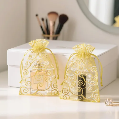 Miniatura 5 de G2PLUS Bolsas de regalo de organza de 4 x 6 pulgadas, 50 bolsas de organza de malla transparente con estampado de ratán dorado, bolsas de joyería