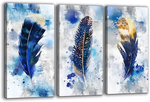 Pogusmavi Lienzo decorativo azul para pared de sala de estar, arte moderno y grande con estampado de plumas de acuarela, 3 piezas, lienzo para