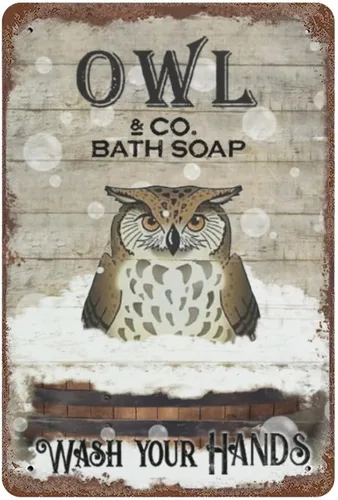 Placa colgante de hierro vintage con diseño de búho y jabón de baño de metal, letrero de lata de metal con texto "Wash Your Hands", estampado de