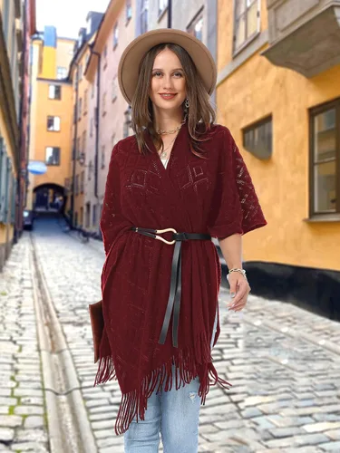 Miniatura 21 de Soul Young - Chal de punto para mujer, poncho con flecos y capa