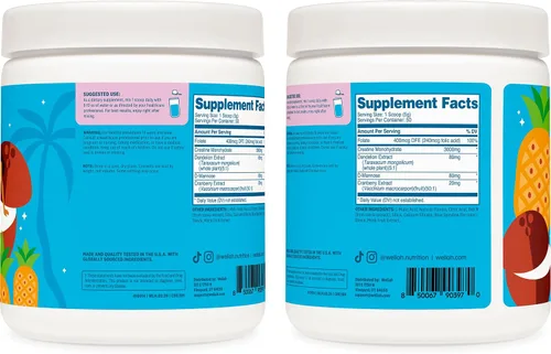 Miniatura 3 de Wellah Creatina para mujer (50 porciones) Blue Hawaii - 0.11 onzas de monohidrato de creatina en polvo con diente de león y extracto de arándano