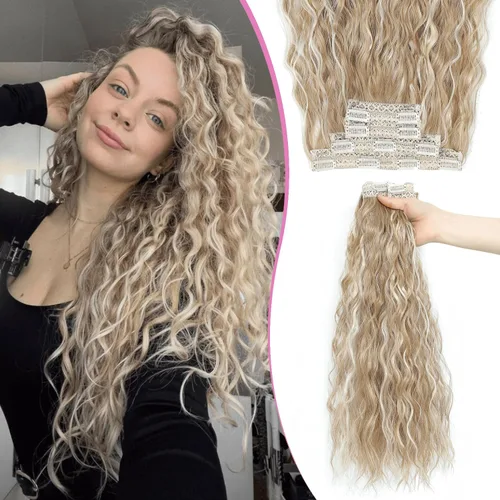 Miniatura 13 de Extensiones de cabello con clip de 20 pulgadas, 4 piezas, color sirena ondulado, rizado, grueso, invisible, trama de encaje color castaño ceniza