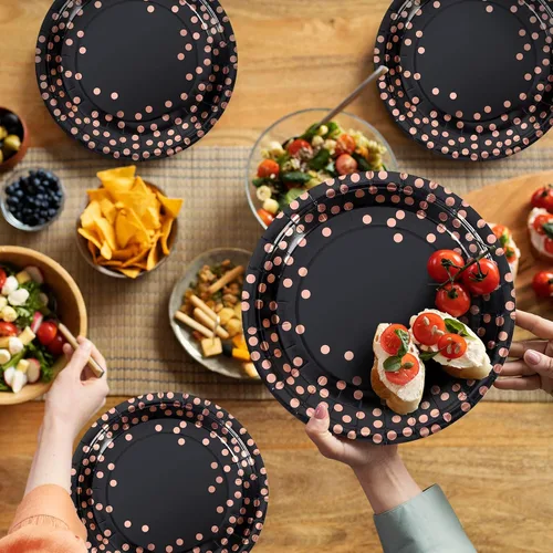 Miniatura 7 de Platos de papel para fiesta de puntos negros y oro rosa, 50 piezas desechables para fiestas, platos de papel de postre para cumpleaños, bodas