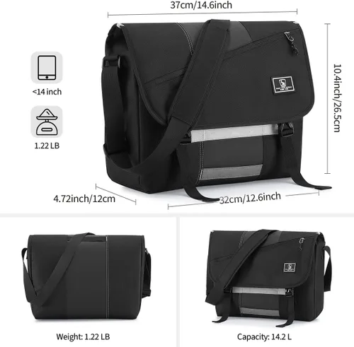 Miniatura 6 de OIWAS Bolsa tipo mensajero para hombre, 14 pulgadas, bolsa cruzada para computadora portátil, bolsa de hombro, bolsa de hombro para universidad