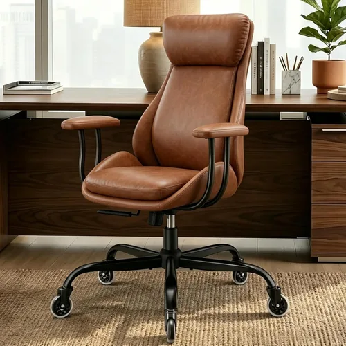 E-Motie Silla de oficina, silla de escritorio de cuero con ruedas de goma, silla ergonómica para computadora de 500 libras con soporte lumbar, silla