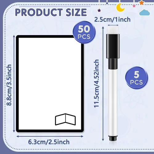 Miniatura 2 de Teling 50 tarjetas multifuncionales de borrado en seco, tarjetas reutilizables en blanco, índice borrable a granel con 5 rotuladores negros