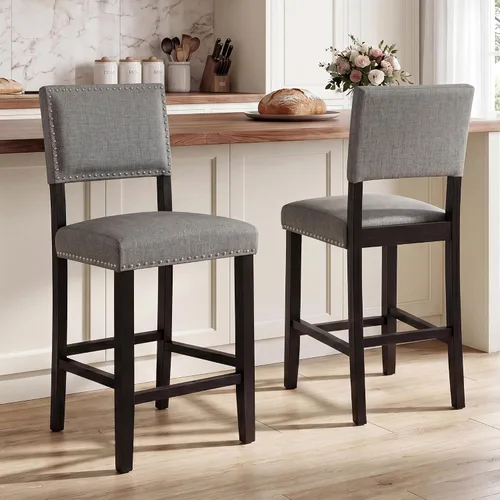 Miniatura 12 de LSSBOUGHT Taburete de bar tapizado de tela de lino con patas de madera de goma, silla de bar con ribete clavado para isla de cocina