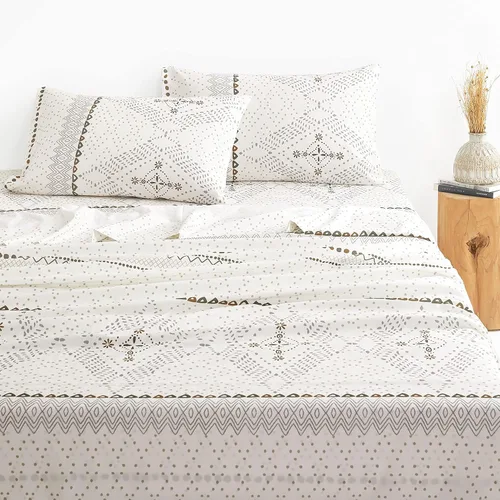 Wake In Cloud - Sábanas bohemias, juego de sábanas de 4 piezas, ropa de cama bohemia elegante con diseño geométrico occidental y azteca, bolsillo