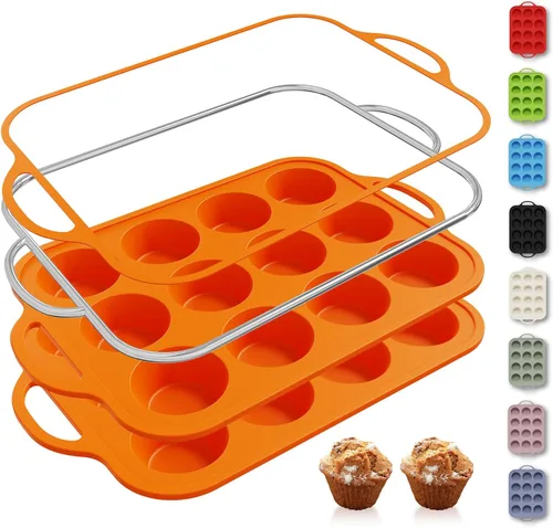 Miniatura 11 de 2 paquetes de 12 tazas de molde para magdalenas de silicona para hornear con marco reforzado de metal, molde para cupcakes de tamaño regular, Crema