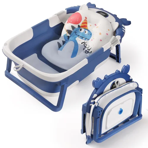 Miniatura 9 de Bañera para bebé, bañera plegable para bebé con termómetro y cojín flotante suave, bañeras portátiles de viaje para bebés para recién nacidos a Gris