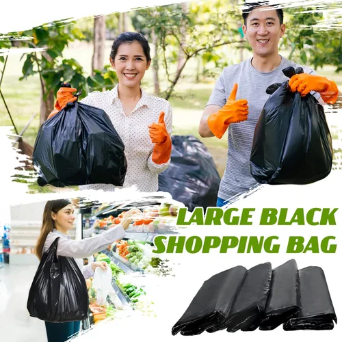Miniatura 6 de Kisston 400 bolsas de plástico tipo camiseta de tamaño jumbo con asas, 35 micras, bolsas de plástico lisas para comestibles tamaño XX grande, Negro