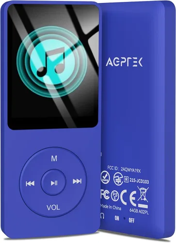 AGPTEK A02PL Reproductor de MP3 de 64 GB, 70 horas de reproducción, sin pérdidas de sonido, Reproductor de música, Soporta hasta 128 GB (Azul Azul