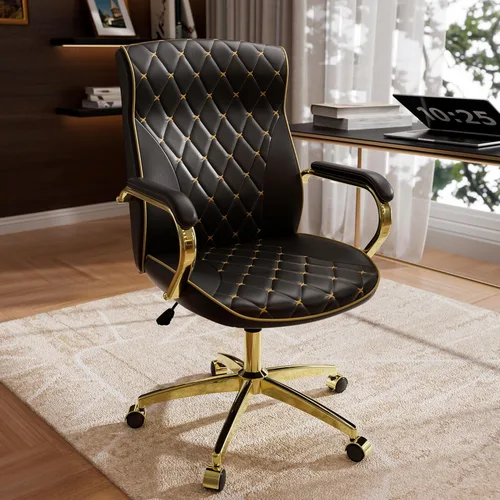 HomeZeer Silla de oficina negra y dorada con bordado de cuero suave, silla ejecutiva vintage de respaldo medio giratoria con ruedas y brazos Marco
