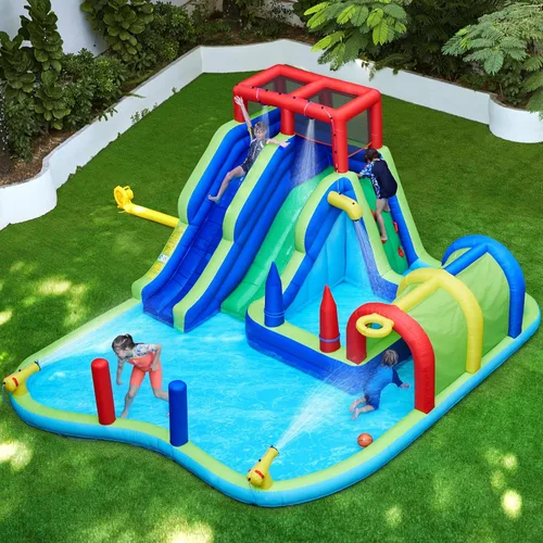 Miniatura 2 de Yaheetech Tobogán acuático inflable, tobogán acuático de doble carril con túnel largo y pared de escalada y sacos de boxeo y juego de lanzamiento