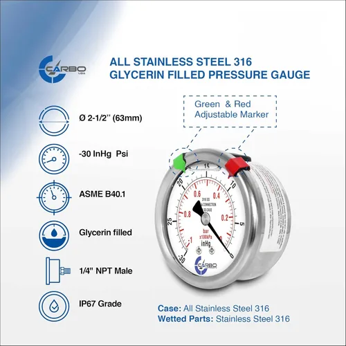 Miniatura 31 de Medidor de presión relleno de líquido de 300 PSI, dial de 2.5 pulgadas, montaje trasero 1/4 NPT, estuche 316 SS, 316 piezas mojadas SS, PSI/barra