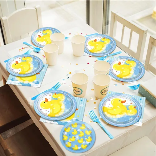 Miniatura 7 de gisgfim Juego de 96 platos y servilletas de pato de goma desechables con temática de pato, suministros para fiestas, cumpleaños, baby shower