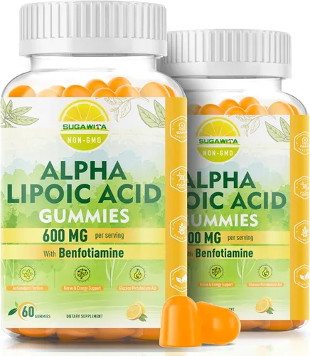 Gomitas de ácido alfa lipoico, 2 paquetes, veganas, sin azúcar, suplemento de 600 mg de ALA, ácido alfa lipoico puro de 600 mg con benfotiamina para