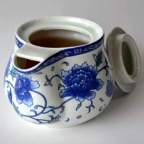 Miniatura 3 de Tetera 16.9 fl oz Azul Blanco Peonía Flor Porcelana Hervidor Inoxidable Infusor (Mudán Flor 16.9 fl oz)