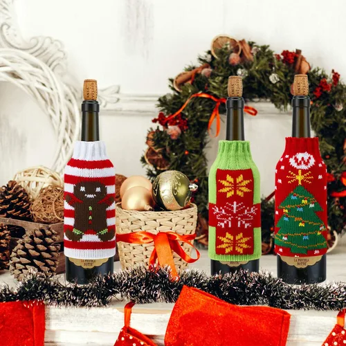 Miniatura 5 de Boao 6 juegos de fundas navideñas para botellas de vino y sombreros, decoración hecha a mano, suéter feo, vestido de botella de vino, vestido